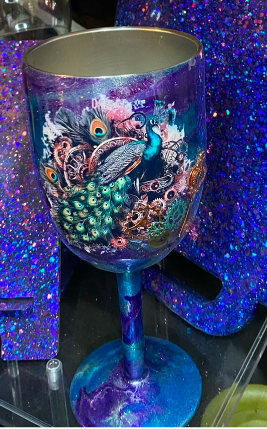 12oz Wine Tumbler Steampunk Peacock