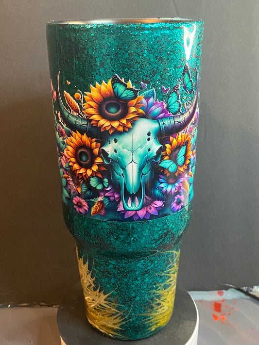 40oz Sunflower Cow Skull Tumbler